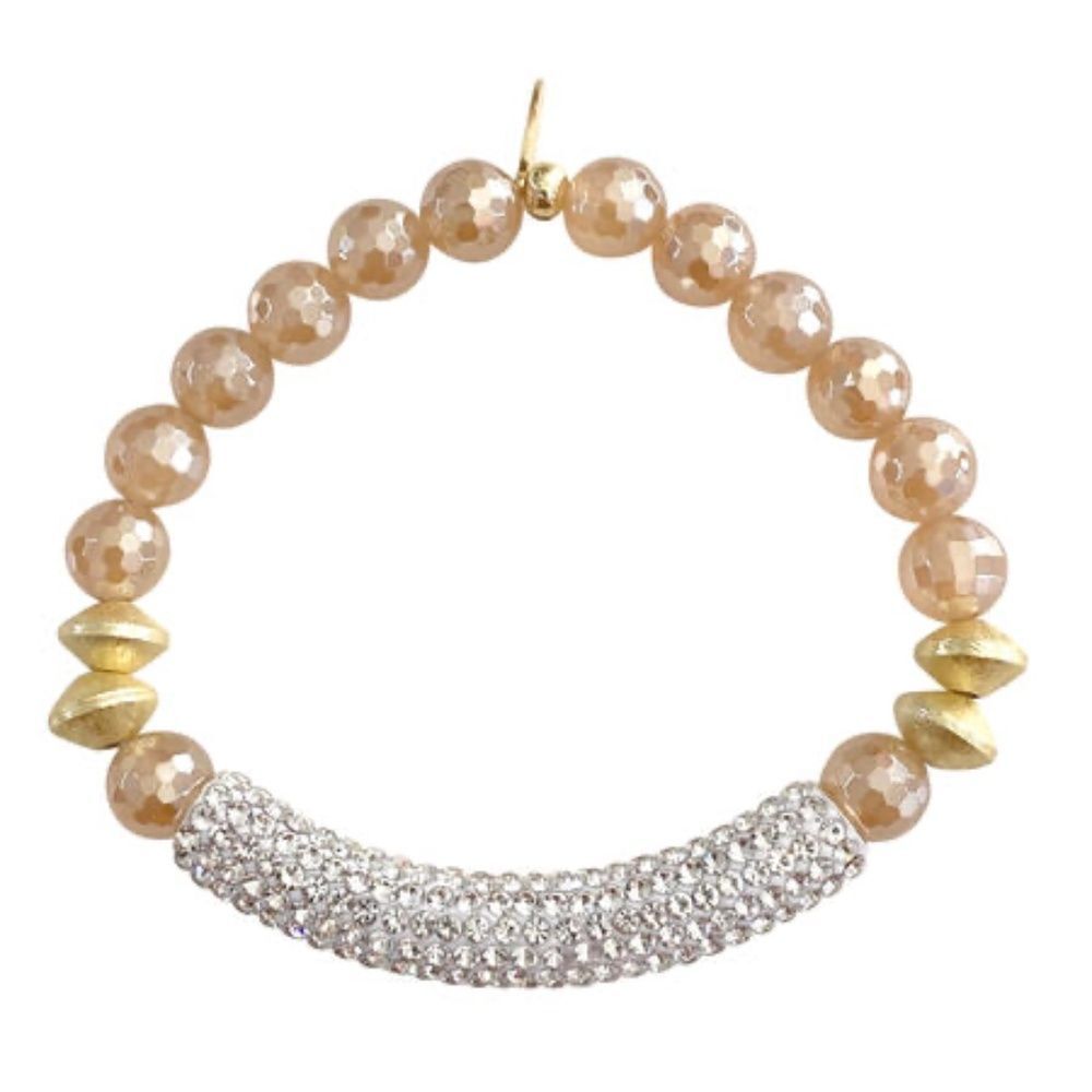 Stretch Bracelet Blush Agate Stone Beads & Crystal Rhinestone Bar NEW